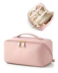 BAGSMART Travel Makeup Bag, Flat Lay Make Up Case, PU Leather Waterpoof Cosmetic Organiser with Clear Pocket for Brushes, Small Toiletry Bag with Handle, Essential for Women, Pink