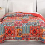 Qucover Single Bedspreads Soft Cotton Microfiber Patchwork Quilt Bedspreads Single 150x200 cm, Flower Pattern Mixed Orange Blue Colors Quilted Bed Throws for Bedroom Decor