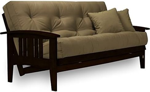 Nirvana Futons Westfield Complete Futon Set - Espresso Finish (Warm Black) – Large Queen Size, Mission Style Wood Futon Frame with Mattress Included (Twill Khaki), More Mattress Colors Available