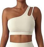 JIEEN Womens One Shoulder Seamless Sport Bra Cutout Straps Athletic Yoga Running Workout Tank Crop Top for Women