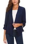 Women's Ruched Sleeve Lightweight Thin Chiffon Blazer, Navy Blue, Medium