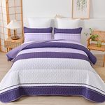 Purple Boho Quilt King Striped Patchwork Grey Bedspread Lightweight Boho 3 Pieces Reversible Quilt Set Micofiber Farmhouse Quilt Set with 2 Pillowcases for All Seasons(King,Purple Striped Quilt)