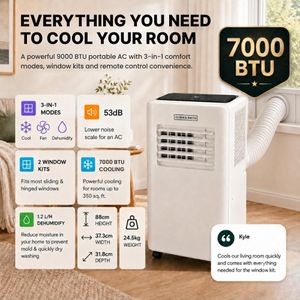 Olsen & Smith 3-in-1 Portable Air Conditioner – 12000 BTU, Cooling, Fan, Dehumidifier, Remote, Window Kit