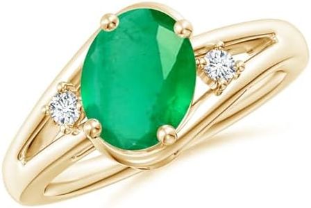 Angara Natural Emerald Ring for Women | Prong-Set Emerald and Diamond Split Shank Ring in Yellow Gold | May Birthday, Anniversary, Gemstone Jewelry Gift | AAA | 8x6mm | Ring Size- 7