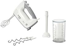 Bosch ErgoMixx MFQ36440 Hand Mixer, 2 Whisks, 2 Stainless Steel Dough Hooks, Purée Stick, Cup, Dishwasher Safe, 5 Levels Plus Turbo Stand, 450 W, White