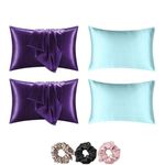 Filloxy Satin Silk Pillowcase, Wrinkle Free, Luxurious Sleep, Anti-Frizz for Hair and Skin 2 Piece with 3 Soft Scrunchies, Pillow Covers, Envelope Closure end (Purple + Pastal Blue)