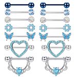 YADOCA 7Pairs 14G Nipple Rings for Women Surgical Steel Nipple Piercing Jewelry CZ Ball Heart Butterfly Flower Nipple Tongue Barbell Body Piercing Jewelry Blue