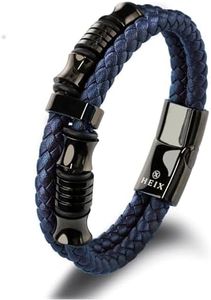 HEIX Men's Premium Leather Bracelet Magnetic Stainless Steel Clasp in Dark Blue and Brown Great Gift Idea for Men & Boys Jewelry (Dark Blue, 21)