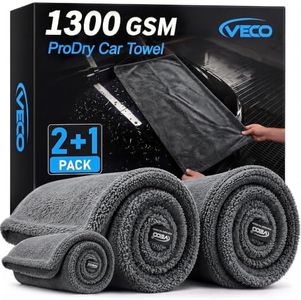 Veco 3-Piece Car Drying Towels, 1300GSM 70/30 Microfiber, Gray