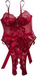 OYOANGLE Women's Lace Polka Dots Underwire Lingerie Bodysuit Bowknot Crotchless Body Suits Burgundy X-Large