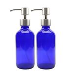 Rentra S.P.A 240ml (8oz) Cobalt Blue Glass Bottle with Stainless Steel Lotion Pump, Set of 2.