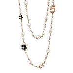 Fashion Jewelry Designer Pearl Camellia Necklace for Women Number 5 Long Double Stranded Necklace Birthday or Holidays Gifts, Pearls, Rhinestone