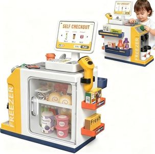Tyniffer Cash Register Toy for Kids - 46PCS Playset Pretend Play Money, Calculator, Scanner, Credit Card and Play Food for Boys and Girls Ages 3+