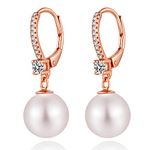 Pearl Earrings Silver Pearl Earrings for Women Pearl Dangle Earrings Pearl Drop Earrings Sterling Silver Pearl Earrings Leverback Rose Gold Pearl Dangling Earrings Women Pearl Diamond Earrings 10mm