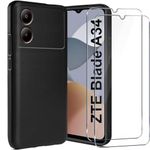 LYJERRY Mobile Phone Case for ZTE Blade A34 Case + 2 Pieces Tempered Glass for ZTE Blade A34 Case Shockproof Cover Protective Silicone Case Soft Black Case and Tempered Glass