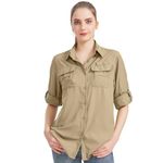 Alfiudad Women Safari Shirts Button Down Work Blouse UPF 50 Long Sleeve Sun Protection Outdoor Quick Dry Hiking Travel Casual Shirts Khaki