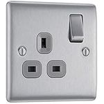 BG Electrical NBS21G-01 Single Switched Power Socket, Brushed Steel, 13 Amp