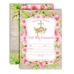 Watercolor Pink Dahlia First Holy Communion Religious Party Invitations with Wood Background, 20 5"x7" Fill In Cards with Twenty White Envelopes by AmandaCreation