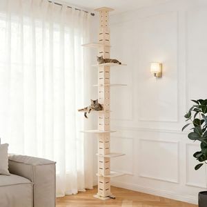 COZIWOW Floor to Ceiling Cat Tree for Large Cats, 7 Level Wooden Cat Tower with Non-Slip Platforms, Adjustable Height (98-114in), Sturdy Cat Climbing Pole for Indoor Cats, Morden Tall Cat Tree
