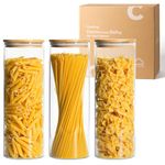 ComSaf 2050ml Glass Spaghetti Pasta Storage Container with Lids Set of 3, Tall Clear Airtight Food Storage Jar with Cover Kitchen Pantry Storage Container for Noodles Flour Cereal Coffee Beans