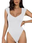 REORIA Women's Summer Sexy Casual V Neck Double Lined Seamless Sleeveless Slimming One Piece Leotards Going Out Trendy Tank Top Tees Thong Bodysuits White Small