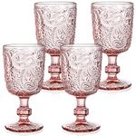 Tebery 4 Pack Pink Glass Wine Goblet Vintage, 10oz Colored Beverage Stemmed Glass Cups, Embossed Design Glassware Set for Water, Juice, Wine,Beer and Cocktails