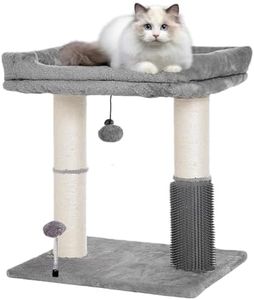 Cat Tree Tower with Top Perch for Large Indoor Cats, Cat Scratching Post with 52x41cm Wide Bed, Removable Cover, Self Groomer, Thick Natural Sisal Scratching Post and Dangling Bell Ball Toy, Grey, M