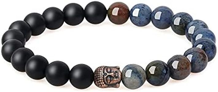 COAI Pulsera Budista Unisex con Cuentas de Ónix Mate y Dumortierita y Amuleto Cabeza de Buda