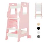 FUNLIO Kids Kitchen Step Stool with Safety Net, 3-Level Height Adjustable Toddler Stool Helper, Montessori Child Standing Tower, Kids Step Stool, Easy to Assemble, CPC Approved - Pink