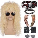 7 Pieces 70s 80s Mullet Metal Rocker Costume Set -TOMIGO Blonde Vintage Hippie Rocker Star Wig for Men Halloween Carnival