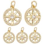 Beebeecraft 1 Box 10Pcs Compass Charms Micro Pave Cubic Zirconia Crystal Stone Golden Flat Round Pendants 13x16x3mm for DIY Jewelry Making Findings