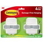 Command Mop & Broom Holder Wall Mount, White with Grey Band, 2 Grippers 4 Strips, Grey/White, 17007-HW2ES