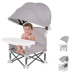 Little Bean Foldable Baby Booster Seat Dining Chair with Detachable Sunshade Travel Portable with Removable Tray for Indoor Outdoor Open Sit Folding Booster Feeding/Camping Chair for Toddler (Grey)