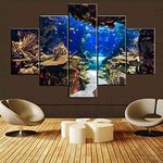 Blue Canvas Painting Coral Reef and Tropical Fish Wall Art Contemporary Pictures House Decor Multi Panel Undersea Plants Artwork Framed Ready to Hang in Living Room Posters and Prints(60''W x 40''H)