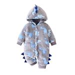 XIXIMAON Infant Baby Boy Plush Hooded Jumpsuit Dinosaur Pattern Button Front Long Sleeve Hoodie Romper Toddler Bodysuit Fall Winter Clothes (Gray, 6-9 Months)