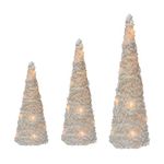 Just for Christmas 3pc Light Up LED Xmas Glitter Tree Cones Christmas Tinsel Cone Pyramids with 25 LED Lights for Home Decor Soft Fabric Pyramid Shape Snow Covered - Battery Operated