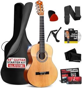 Pyle Beginner Acoustic Guitar Kit, 1/2 Junior Size All Wood Build Nylon String Instrument with Capo, Strap, Extra String Set, Gig Bag, Guitars for Beginners Adults Youth, 34" Natural Gloss