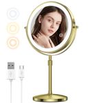 MILPROX 8 Inch Makeup Mirror with 10X Magnification & 3 Color Lights, Adjustable Brightness & Height, Rechargeable Double Sided 1X 10X Magnifying Mirror, Lighted Makeup Mirror Touch Sensor - Gold