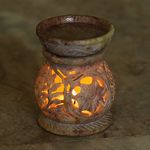 Pure Source India Handcrafted Soapstone Oil Didffuser with Floral Nice Carbing, (Hight 3.5 inch) Coming with 2 Tea Light Candle