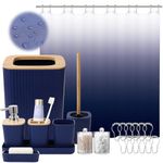 Navy Blue Bathroom Accessories Sets with Ombre Shower Curtain, Blue Bathroom Sets Complete with Trash Can,Toothbrush Holder,Toothbrush Cup,Soap Dispenser,Soap Dish,Toilet Brush,Tray and Qtip Holders