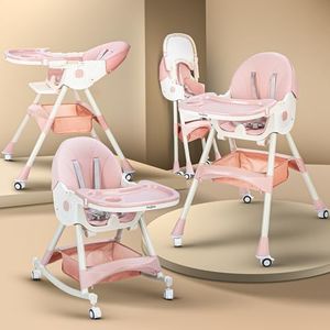 BAYBEE 3 in 1 Convertible High Chair with Adjustable Height and Footrest,Baby Toddler Feeding Booster Seat with Tray,Wheels,Safety Belt and Cushion,for Boys & Girls 6 Months to 3 Years (Liora Pink)