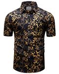 fohemr Mens Luxury Baroque Shirt Chain Print Casual Short Sleeve Button Down Dress Shirts Black Gold Medium