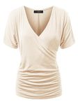 Made By Johnny Women's V Neck Short Sleeve Wrap Front Drape Dolman Tunic Top, Wt1118_cream, L