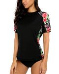 CharmLeaks Floral Printed Rash Guard for Women Quick Dry Swimsuit Short Sleeve Rash Vest Black Floral XXL