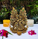 Wonder Care |Peacock Design Radha Krishna Idol Showpiece with Diya for Puja and Home Decor (8 x 6 Inches), Metal (1 Piece) (Peacock Radha Krishn)
