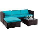 5 Pieces Outdoor Patio Furniture Sets Sectional Sofa Rattan Chair Wicker Conversation Set Outdoor Backyard Porch Poolside Balcony Garden Furniture with Coffee Table (Blue)