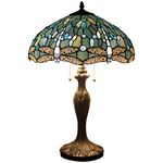 WERFACTORY Tiffany Lamp Sea Blue Stained Glass Bedside Table Lamp Dragonfly Style Desk Reading Light Metal Base 16X16X24 Inches Decor Bedroom Living Room Home Office S147 Series