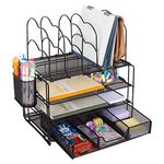 PowerKing Desktop Desktop File Organizer, All in One Desk Organizer with Pen Holder File Tray Sorters Drawer, Stylish Desk Accessories & Workspace Organizers for Home Office School Supplies (Black)