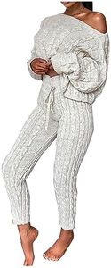 Oplxuo Off Shoulder Sweater Sets for Women Two Piece Outfits Cable Knit Pullover Tops and Bodycon Pants Lounge Matching Set