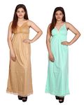 WOMIE Nighties Women's Hosiery Embellished Maxi Nighty Slip Hosiery Cotton Full Length Camisole, Long Inner wear Petticoat-Suit Slip Long Gown Maxi Combo.(BN-P2) (Large, Parrotgreen,Beige)